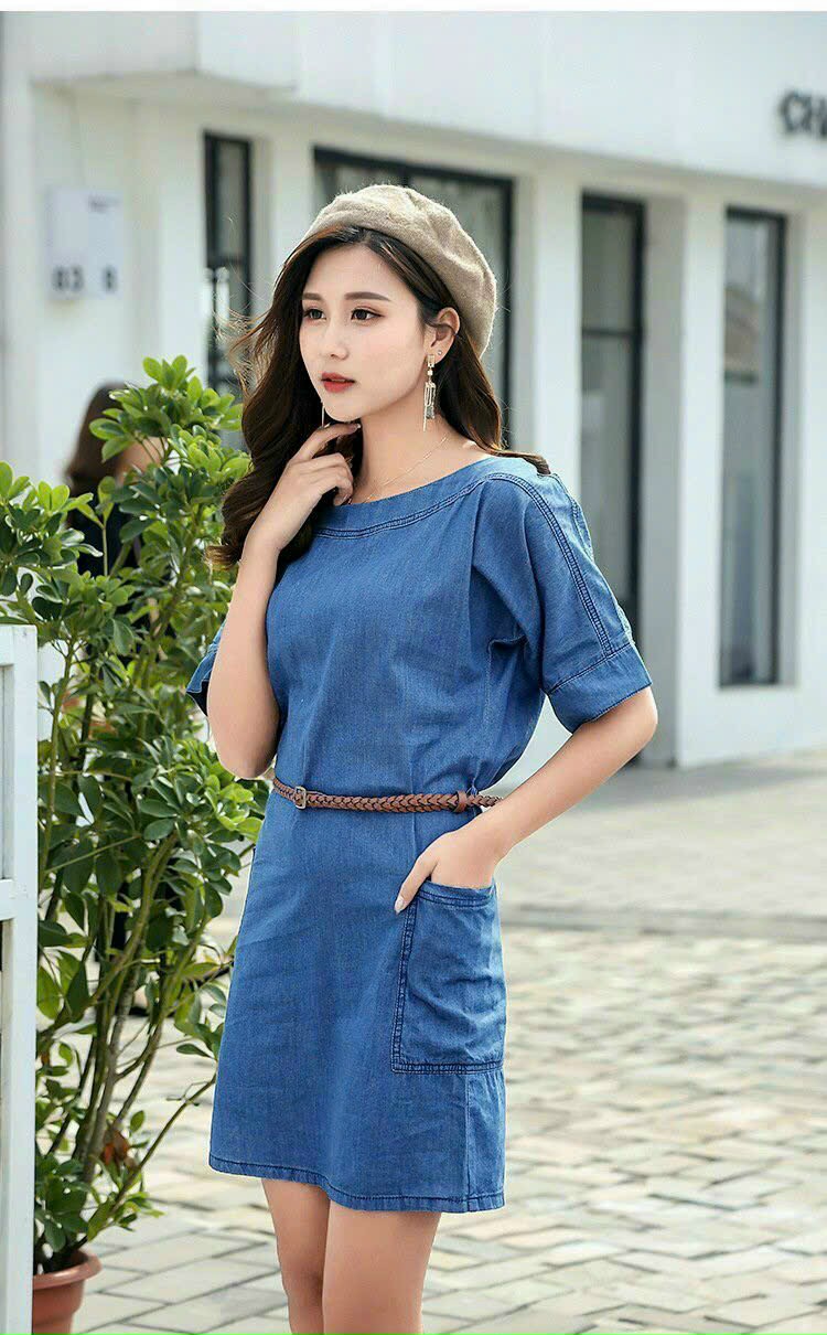 ĐẦM JEAN DENIM DÁNG XÒE CỔ SƠ MI PHỐI CARO